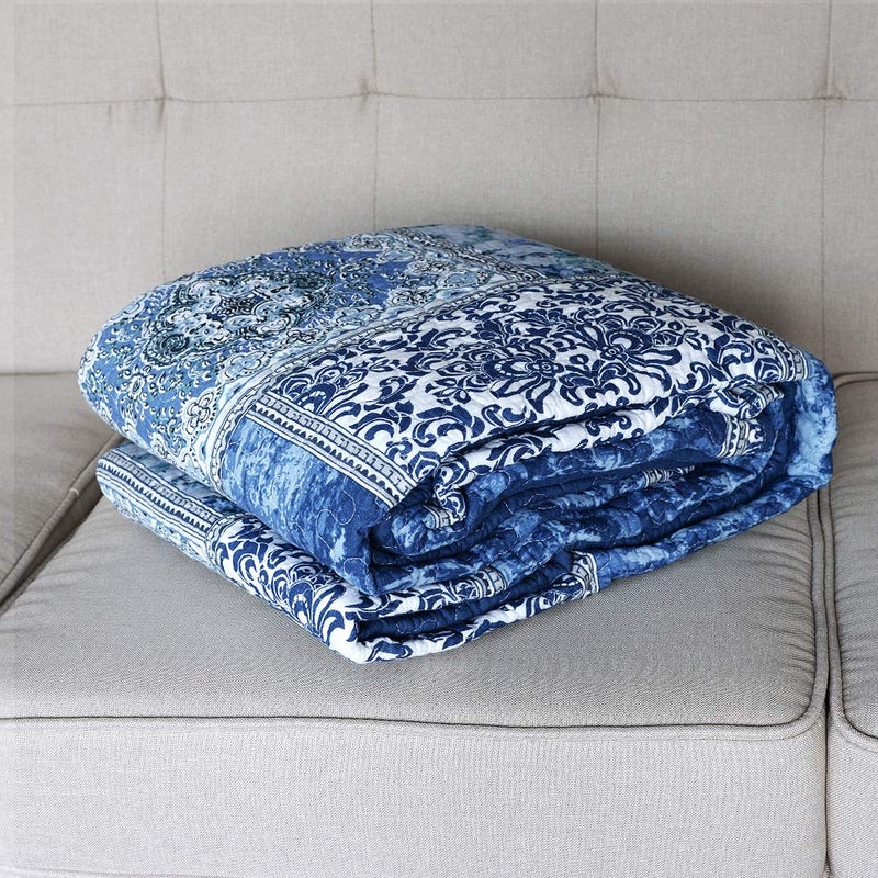 NEWLAKE Quilted Throw Blanket for Bed Couch Sofa, Blue Classic Bohemian, 60X78 Inch - Image 2